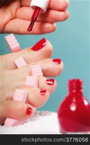 foot pedicure applying woman&#39;s feet with red toenails in pink toe separators blue background