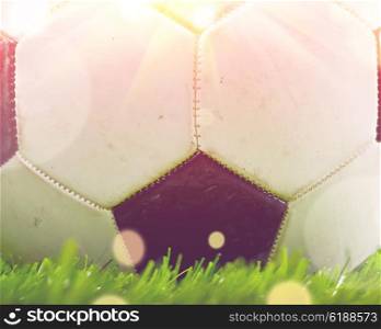 football ball is lying on grass field. football ball macro