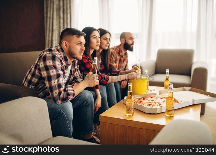 Football fans upset about losing their favorite team. Group of people wathing tv broadcast at home, decisive match. Football fans upset about losing favorite team