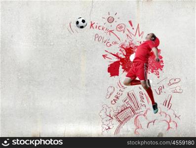Football game. Football player in jump with sketches at background