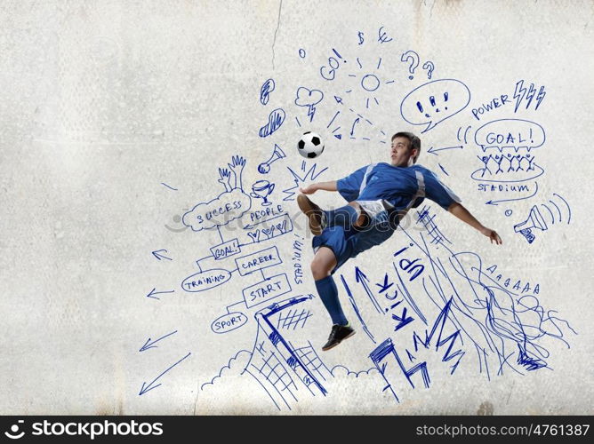 Football game. Football player in jump with sketches at background