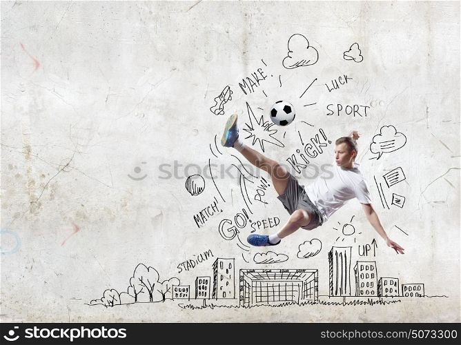 Football game. Football player in jump with sketches at background