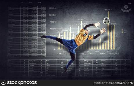 Football game statistics. Football goalkeeper and progress infographs at background