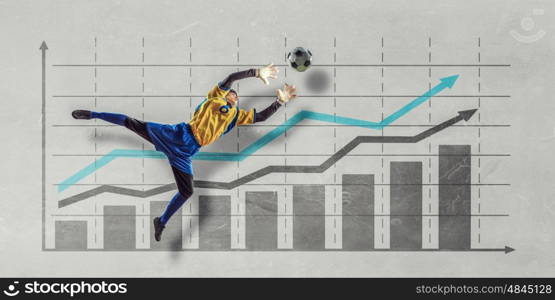 Football game statistics. Football goalkeeper and progress infographs at background