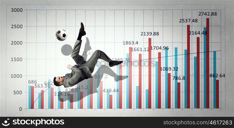 Football game statistics. Football player hitting ball and progress infographs at background