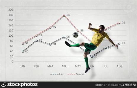 Football game statistics. Football player hitting ball and progress infographs at background