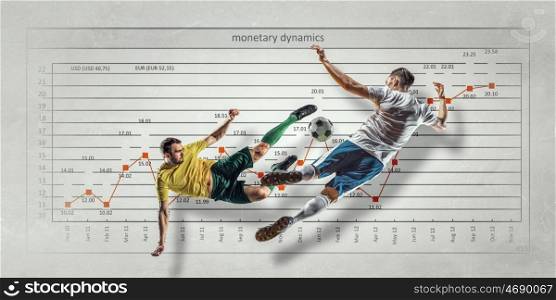Football game statistics. Football players fighting for ball and progress infographs at background