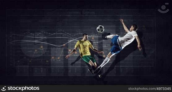Football game statistics. Football players fighting for ball and progress infographs at background
