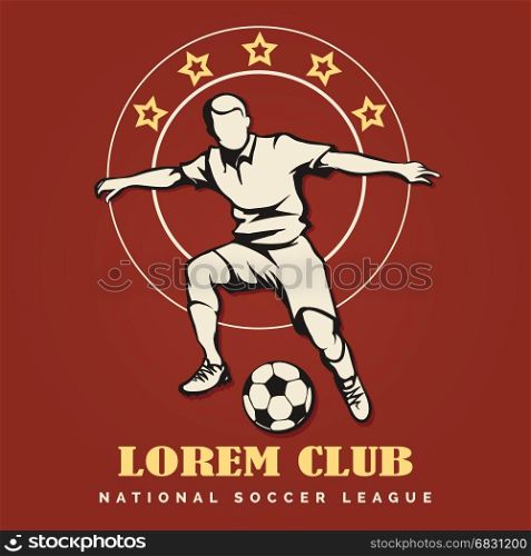 Football or soccer club emblem. Soccer player with ball drawn in retro style against star background. Vector illustration.
