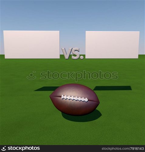 Football over grass field under tables for score, 3d render
