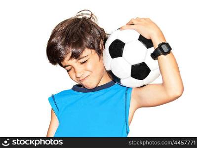 Football player celebrating victory, cute little boy playing, kid enjoying team game, teen holding catching ball, happy child facial expression, sport fan portrait isolated on white background