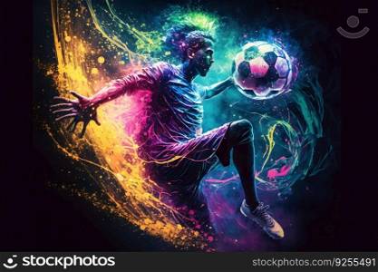 Football player kicks the ball against the background of multi-colored abstraction. Neural network AI generated art. Football player kicks the ball against the background of multi-colored abstraction. Neural network AI generated
