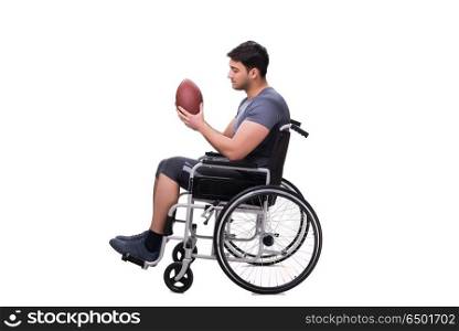 Football player recovering from injury on wheelchair