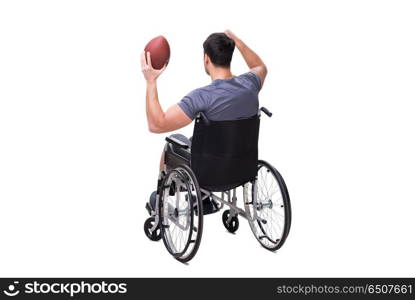 Football player recovering from injury on wheelchair