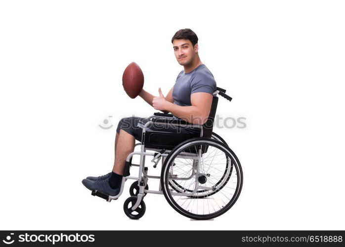 Football player recovering from injury on wheelchair