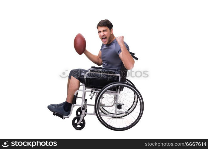 Football player recovering from injury on wheelchair