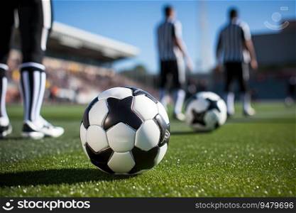 Football soccer ball at the kickoff of a game. Generative AI