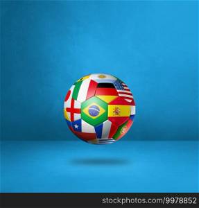 Football soccer ball with national flags isolated on a blue studio background. 3D illustration. Football soccer ball with national flags on a blue studio background