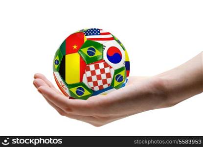 football soccer ball with nations teams flags at hand