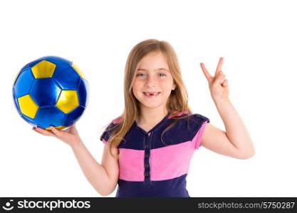 Football soccer blond kid girl happy player with ball on white background