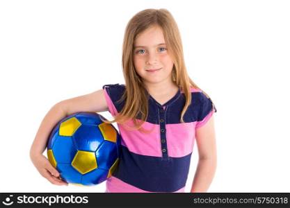 Football soccer blond kid girl happy player with ball on white background