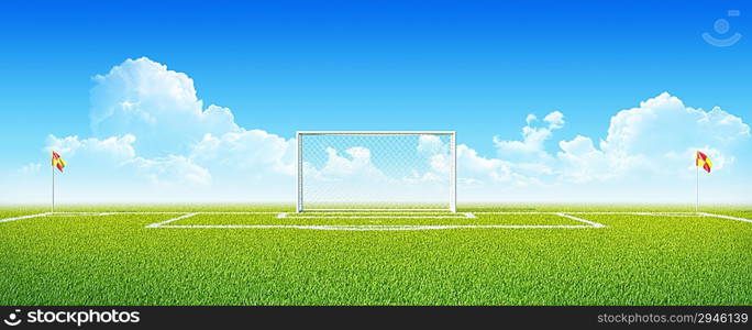 Football (soccer) goals on clean empty green field. Concept for team, championship, league poster / website design. One from collection.