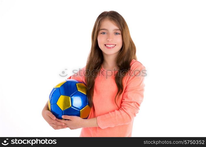 Football soccer kid girl happy player with ball on white background