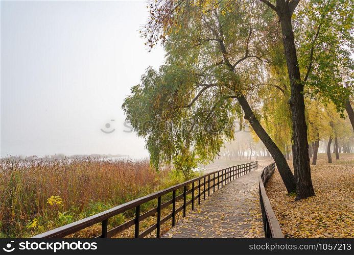 Footbridge, close to the Dnieper river, in the Natalka park in Kiev, Ukraine, during a foggy autumn day