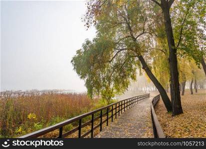Footbridge, close to the Dnieper river, in the Natalka park in Kiev, Ukraine, during a foggy autumn day