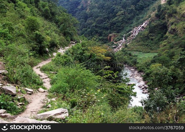 Footpath and river in mountain in Nepal