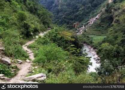 Footpath and river in mountain in Nepal