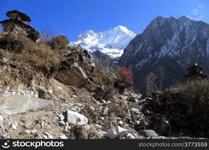 Footpath and stupas in mountain in Nepal