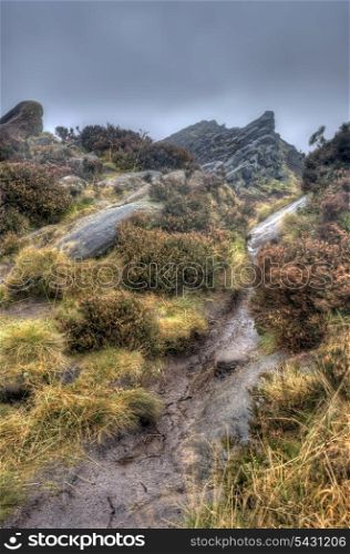 Footpath leading to peak of Ramshaw Rocks in Peak District National Park
