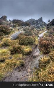 Footpath leading to peak of Ramshaw Rocks in Peak District National Park