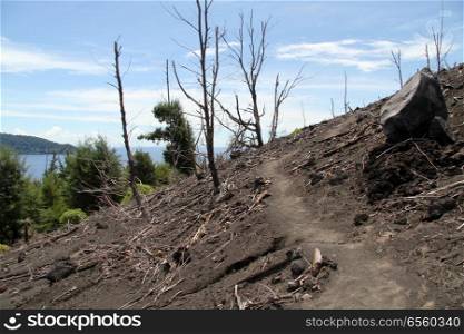 Footpath on the slope of volcano Krakatau in Indonesia