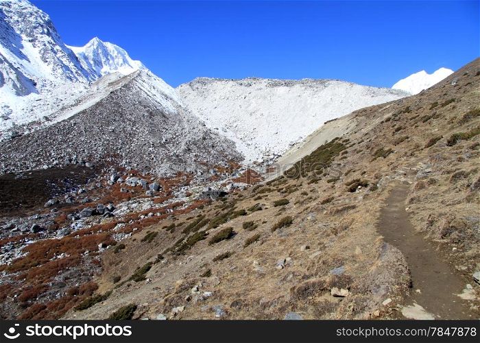 Footpath to the Larke pass near Manaslu in Nepal