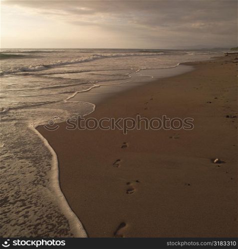 Footprints in the sand on the coast of Costa Rica