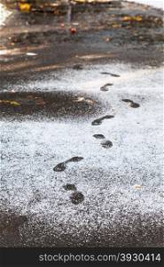 footprints in wet path in city park covered by first snow in autumn