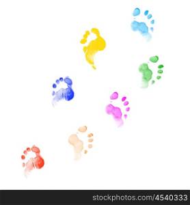 Footprints of different colors on a white background in different positions.