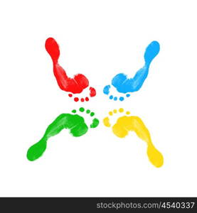 Footprints of different colors on a white background in different positions.