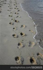 footprints on the sand at the beach