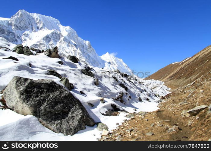 Footpth near Larke pass in mountain in Nepal