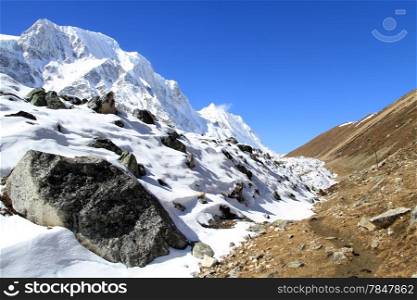 Footpth near Larke pass in mountain in Nepal