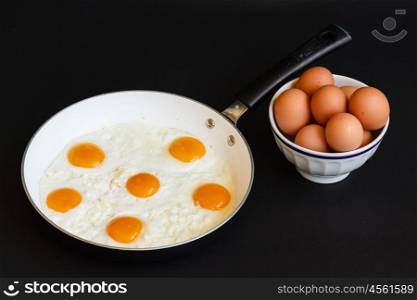 for lunch or dinner to cook fried eggs in a fryng pan as a food protein