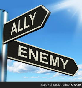 For Or Against Signpost Showing Pros And Cons. Ally Enemy Signpost Showing Friend Or Adversary