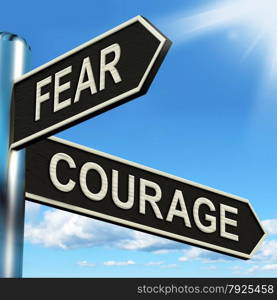 For Or Against Signpost Showing Pros And Cons. Fear Courage Signpost Showing Scared Or Courageous