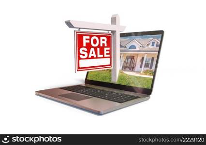For Sale Real Estate Sign Popping Out of Computer Laptop Screen Isolated on a White Background.