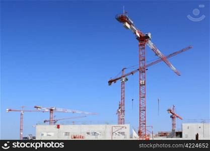 for several cranes on a building construction site for building or public works