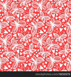 For textile, wallpaper, wrapping, web backgrounds and other pattern fills. Seamless pattern with fluttering white butterflies on a red background