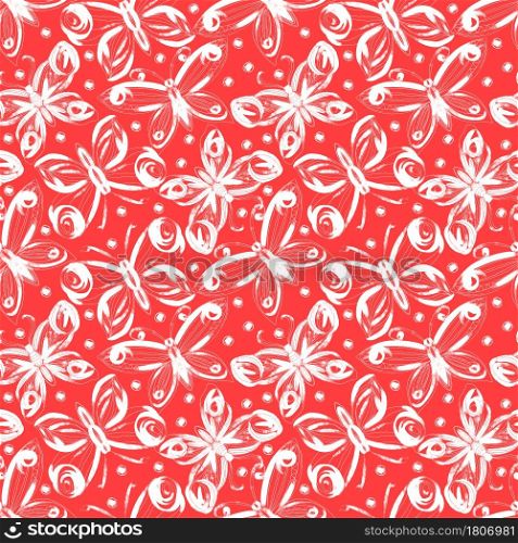 For textile, wallpaper, wrapping, web backgrounds and other pattern fills. Seamless pattern with fluttering white butterflies on a red background